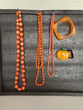 Orange Beaded Necklace Set with Pumpkin Pin and Bangle Bracelet